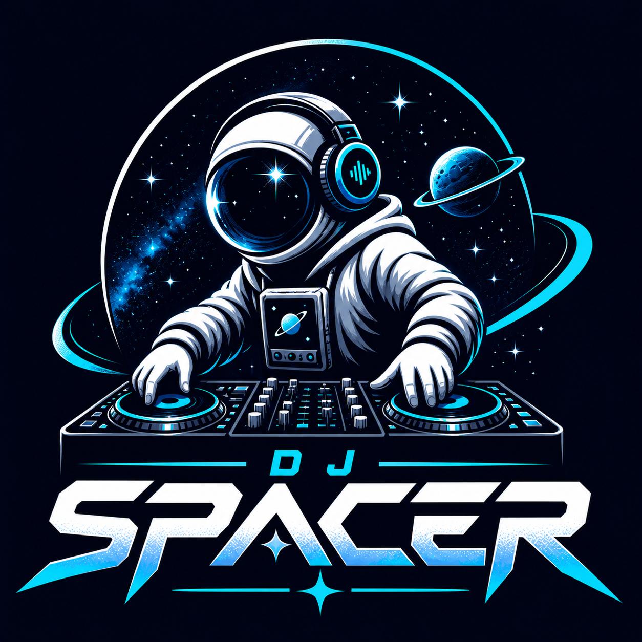 DJ Spacer logo — astronaut achter draaitafels